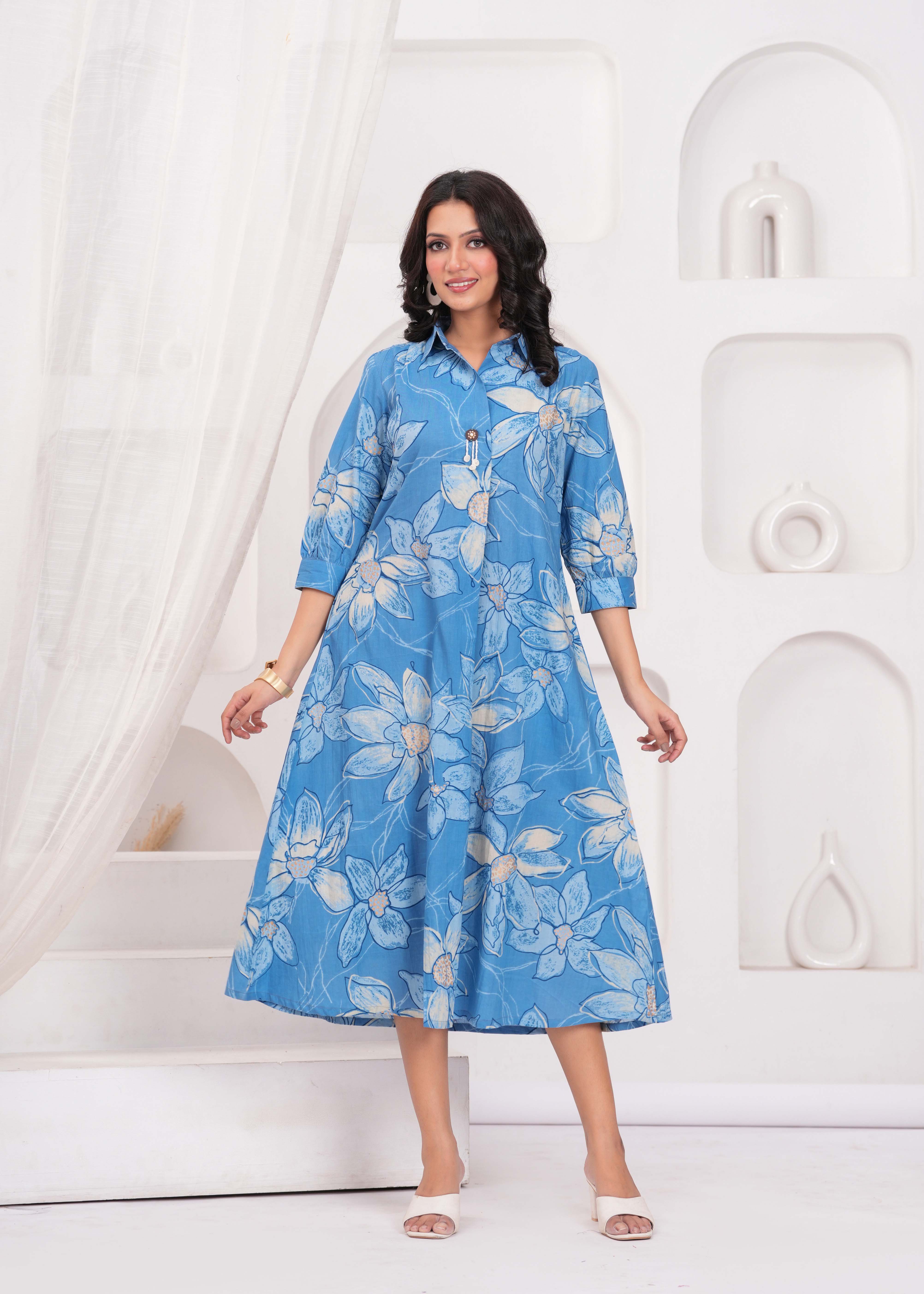 Blue Abstract Floral Printed Flared Maxi Dress Karaveera Blue Abstract Floral Printed Flared Maxi Dress Karaveera