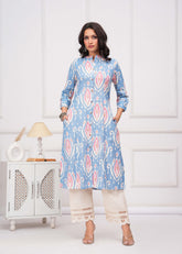 Ikat Printed A-Line Flared Cotton Flax Kurta - Blue