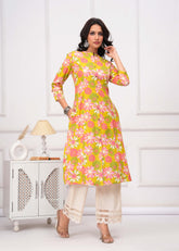 Abstract Floral Printed A-Line Paneled Cotton Flax Kurta - Lime Green