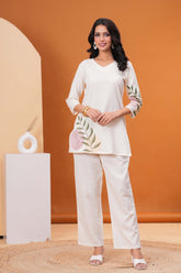Solid Abstract Embroidered Straight Fit Cotton Flax Co-ord Set - White