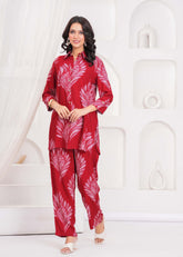 Abstract Floral Printed Straight Fit Co-ord Set - Red