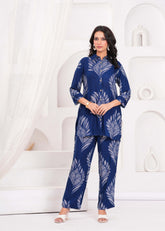 Abstract Floral Printed Straight Fit Co-ord Set - Blue