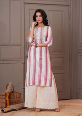 Ethnic Stripes Woven & Sequin Embroidered Straight Fit Kurta