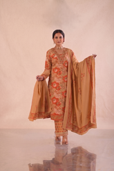 Floral Block Print Straight Fit Cotton Suit Set -Beige