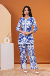 Ethnic Floral Printed Straight Fit Co-ord Set - Blue
