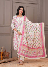 Floral Printed Straight Kurta with Pant & Pure Cotton Dupatta - Off White