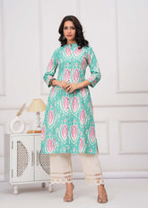 Ikat Printed A-Line Flared Cotton Flax Kurta - Turquoise Blue