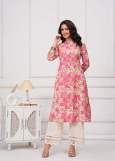 Abstract Floral Printed A-Line Paneled Cotton Flax Kurta - Pink