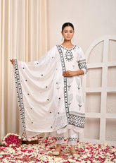 Solid Mirror Embroidered Straight Fit Kurta with Pant & Chiffon Dupatta - White