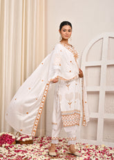 Solid Mirror Embroidered Straight Fit Kurta with Pant & Chiffon Dupatta - White