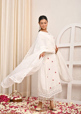 Red Floral Resham Embroidered A-Line Mulmul Kurta with Pant & Dupatta - White