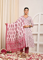 Floral Printed Printed & Mirror Work A-Line Kurta with Pant & Pure Cotton Dupatta - White