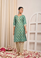 Ethnic & Stripes Printed Straight Fit Kurta with Pant - Green