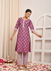 Ethnic & Stripes Printed Straight Fit Kurta with Pant - Magenta