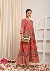 Ajrakh Printed & Hand Embroidered A-Line Tiered Flared Maxi Dress - Red