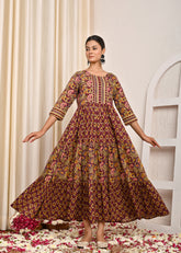 Floral Printed & Hand Embroidered A-Line Tiered Flared Maxi Dress - Burgundy