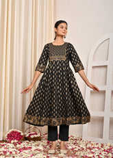 Ethnic Floral Printed Foil Printed & Embroidered Anarkali Kurta - Black
