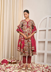 Floral Printed Straight Fit Cotton Kurta with Pant & Dupatta - Grey