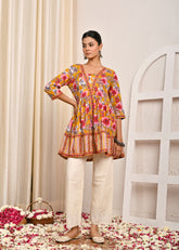 Floral Printed A-Line Pleated Short Cotton Kurti - Yellow
