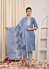 Ethnic Printed & Embroidered Straight Kurta with Pant & Pure Cotton Dupatta - Blue