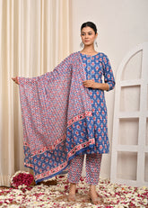 Ethnic & Chevron Printed Straight Kurta with Pant & Pure Cotton Dupatta - Blue