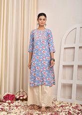 Floral Printed Printed & Sequin Embroidered Straight Fit Kurta - Blue