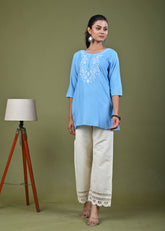 Solid Floral Chikankari Embroidered Straight Fit Kurti - Blue
