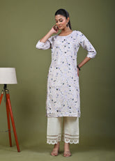 Floral Printed Printed Straight Fit Linen Kurta - Light Yellow