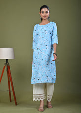 Floral Printed Printed Straight Fit Linen Kurta - Blue