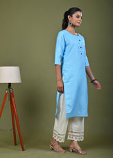 Solid Straight Fit Linen Kurta - Blue