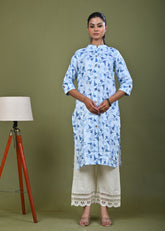 Abstract Floral Printed Printed Straight Fit Linen Kurta - Blue