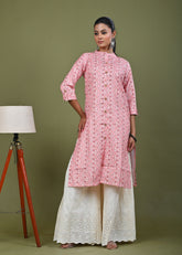 Ethnic Stripes Printed Linen Straight Fit Kurta - Peach