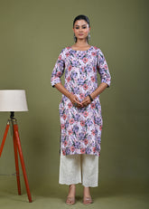 Abstract Floral Printed Printed Straight Fit Linen Kurta - Peach