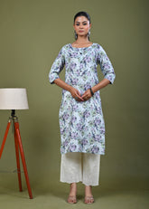 Abstract Floral Printed Printed Straight Fit Linen Kurta - Green