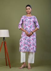Abstract Floral Printed Printed Straight Fit Linen Kurta - Pink