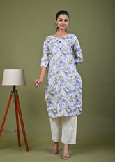 Floral Printed Printed Straight Fit Linen Kurta - Green
