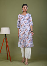 Floral Printed Printed Straight Fit Linen Kurta - Brown