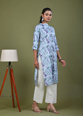 Abstract Floral Printed Printed Straight Fit Linen Kurta - Mint Green
