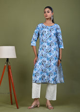 Abstract Floral Printed Printed Straight Fit Linen Kurta - Blue