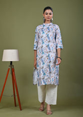 Abstract Floral Printed Printed Straight Fit Linen Kurta - Multi