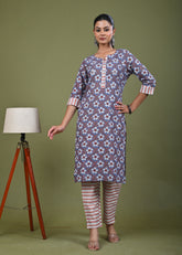 Ethnic & Stripes Printed Straight Fit Kurta with Pant - Grey