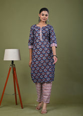Ethnic & Stripes Printed Straight Fit Kurta with Pant - Blue