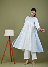 Ethnic Woven & Sequin Embroidred Cotton Slub Kurta with Pant - White