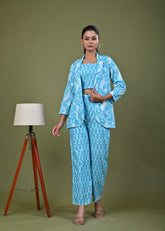 Floral Printed Printed Cotton Jacket Co-ord Set - Blue