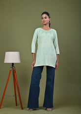 Floral Threadwork Embroidered Straight Fit Kurti - Light Green