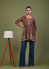 Ethnic Floral Printed A-Line Pleated Short Cotton Kurti - Burgundy