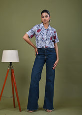 Floral Printed Straight Fit Crop Top - Grey