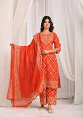 Ethnic Floral Printed & Hand Embroidered Straight Fit Kurta with Palazzo & Dupatta - Rust