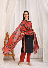 Ethnic Applique Work Straight Fit Kurta with Pant & Printed Dupatta - Black