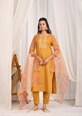 Floral Zari Embroidered Straight Kurta with Pant & Organza Printed Dupatta - Mustard
